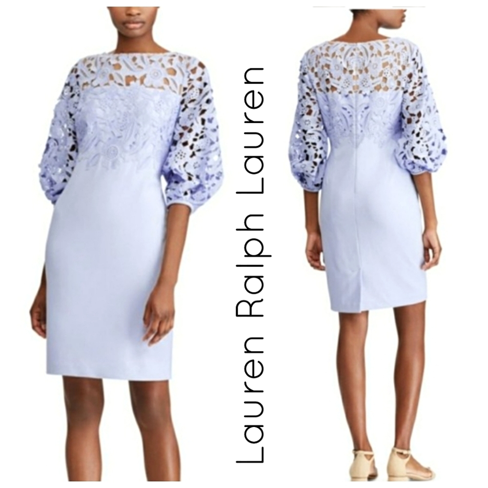 Lauren Ralph Lauren Blue Lace 3/4 Bishop Sleeve Crepe Special Occasion D…